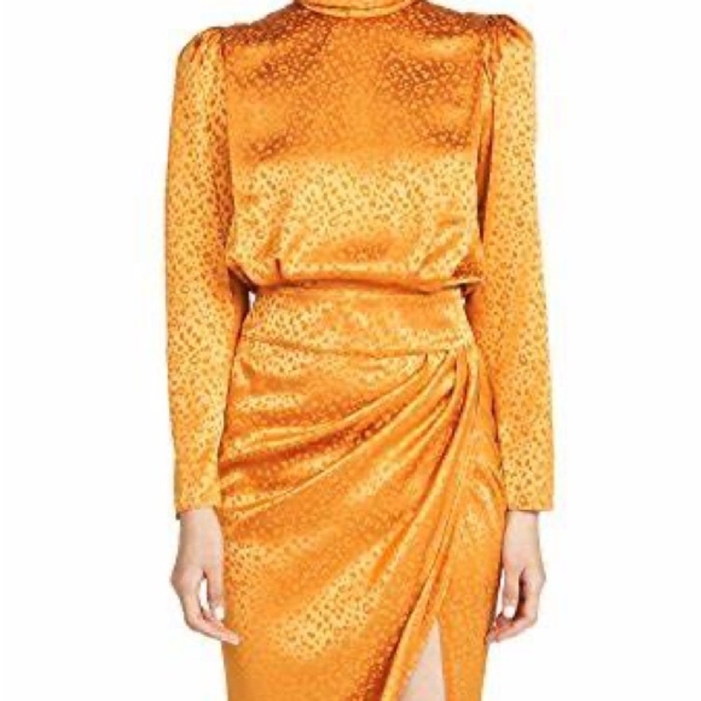 NWOT Ronny Kobo Collection Orange Satin Midi Dress with Draped Skirt